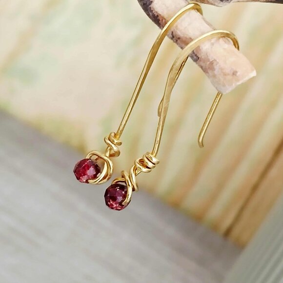 Hammered Dainty Ruby Red Glass Beaded Dangle Earrings, 1.5" - Picture 1 of 7